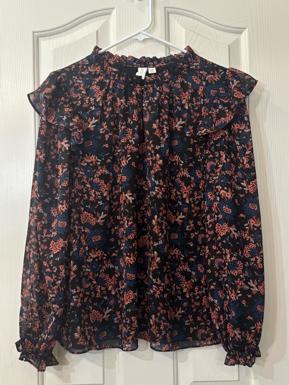 Joie Floral Ruffle Neck Long Sleeve Blouse Black with Coral and Blue